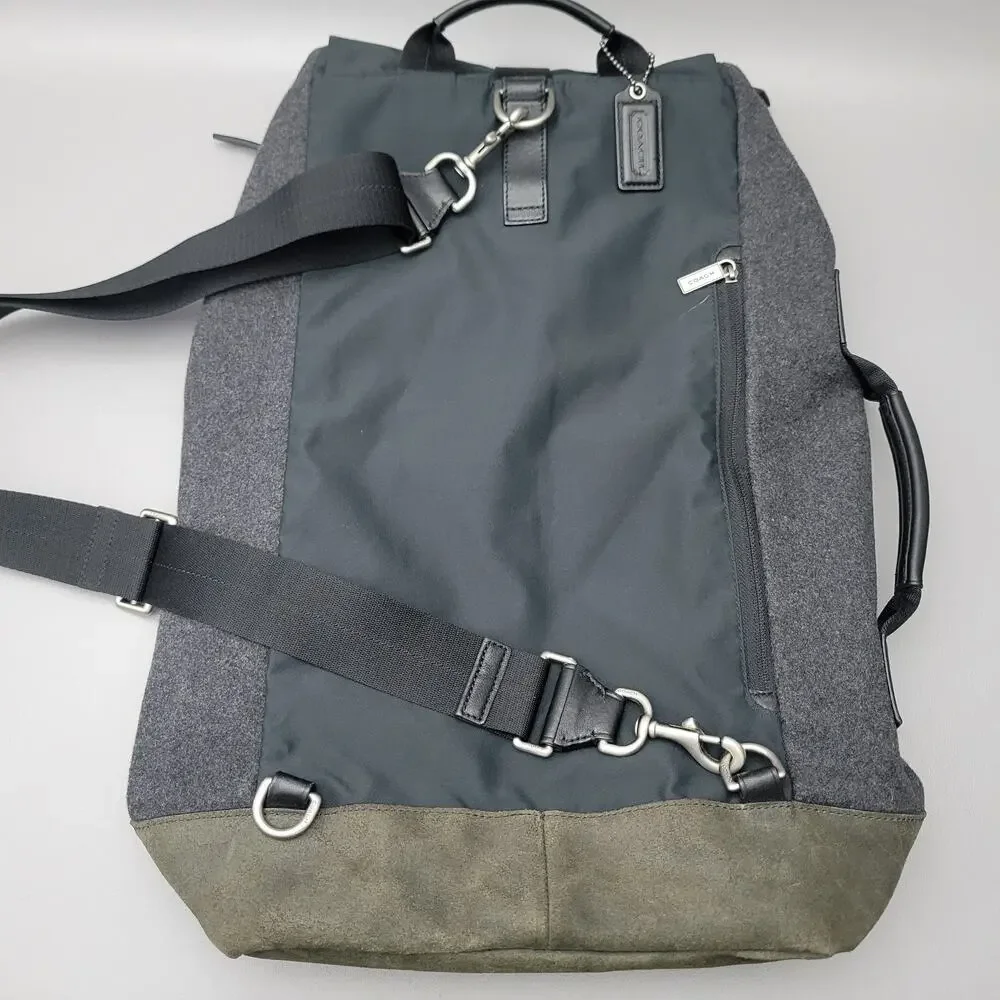 Coach Mens Varick Flap Backpack Mixed Fabic Wool Leather Black Metal Buckle Rare
